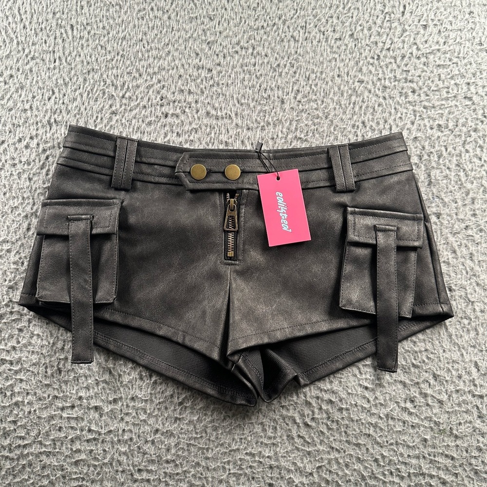 Edikted Women's Black Washed Faux Leather Cargo Shorts Size S Pockets NWT